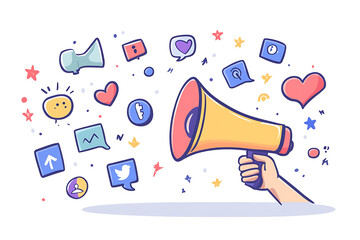 Poster - A hand holding a megaphone surrounded by social media icons and symbols.