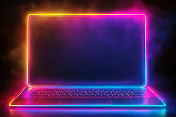 Poster - A neon-lit laptop with a blank screen, set against a smoky background.