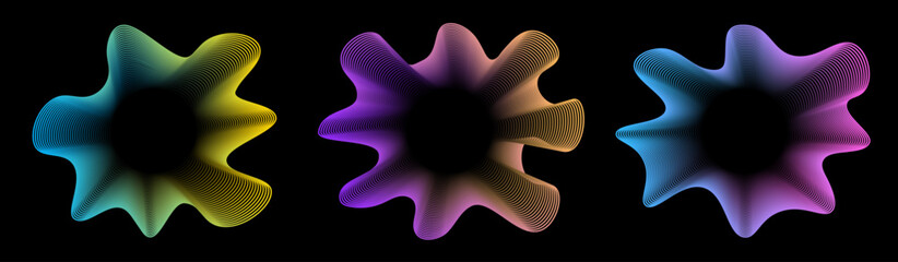 Poster - Colorful wavy lines set. Flowing shape on dark background with stripes effect decoration. Modern graphic design element with glowing waves style concept for web banner, flyer, card, or brochure cover