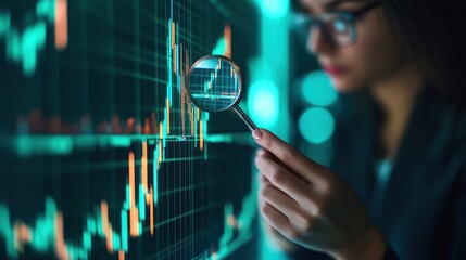 Poster - A person analyzing financial data on a digital screen with a magnifying glass.