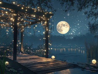 Wall Mural - a serene night sky illuminated by the full moon and twinkling lights in a tranquil outdoor setting