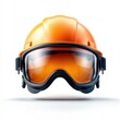 © nattapon - A bright orange hard hat with protective goggles is displayed against a white background, symbolizing safety in construction and industrial settings