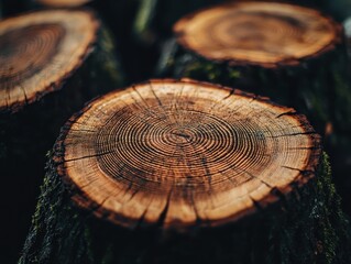 Wall Mural - a close-up of cut tree cross-sections showing intricate growth rings and textures with hints of gree