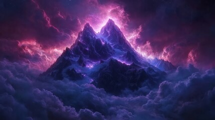 Wall Mural - create a panoramic view of a majestic mountain peak under a dramatic sky with vibrant, futuristic li