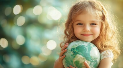 A little girl hugging a green globe planet adult astronomy.