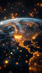 Poster - stunning view of North America illuminated by network lights, showcasing digital globe filled with vibrant golden lights. image captures beauty of technology and connectivity