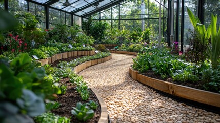 There is a botanical garden dedicated to rare plants with labels of various unusual plant species, winding pathways, and educational and conservation efforts for the preservation of rare plant