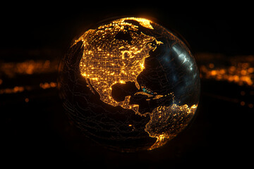 Poster - Illuminated North America globe showcasing vibrant city lights at night, highlighting urban areas and geographical features, creating stunning visual effect