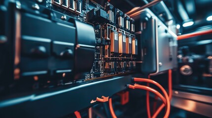 Poster - Close-Up View of Circuit Board with Copper Connectors and Colorful Wiring in Modern Electronic Device Showcasing Advanced Technology and Innovation