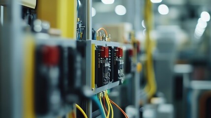 Poster - Close-up Shot of Electrical Control Panel Components in Modern Factory with Warehousing Environment Showcasing Connectivity and Technology Innovation