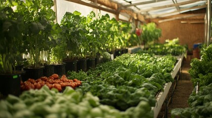 Wall Mural - a controlled vegetable farming setup, showing vegetables thriving in a carefully managed microclimat