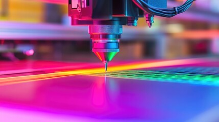 Poster - Precision Laser Cutting Technology in Action with Vibrant RGB Light Effects, Showcasing Innovation in Manufacturing and Design Processes with Modern Equipment
