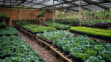 Wall Mural - a controlled vegetable farming setup, showing vegetables thriving in a carefully managed microclimat