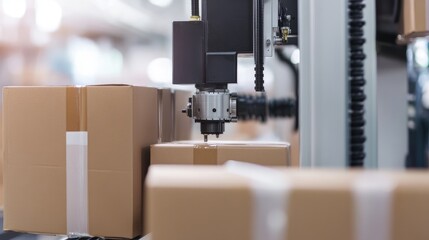 Poster - Modern Automated Machinery in a Warehouse Carefully Labeling Cardboard Boxes for Efficient Inventory Management and Streamlined Distribution Process