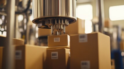 Poster - Automated machinery handling packages in a warehouse setting, focusing on efficiency and precision in logistics and supply chain operations