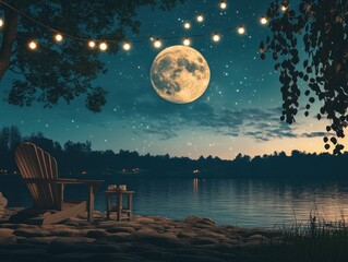 Wall Mural - a serene night sky illuminated by the full moon and twinkling lights in a tranquil outdoor setting
