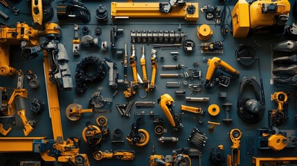 Poster - Collection of Industrial Robotic Components and Tools Laid Out on a Dark Surface for Technological Backgrounds and Manufacturing Concepts