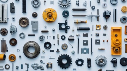 Poster - Collection of Various Mechanical Components on White Surface Displaying Gears, Cogs, Bolts, and Springs for Industrial and Engineering Applications