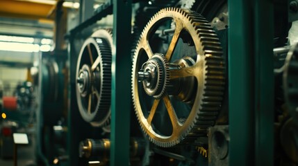Poster - Close-Up View of Industrial Gears and Machinery in a Factory Setting: Intricate Mechanical Components in Action and the Beauty of Engineering Design