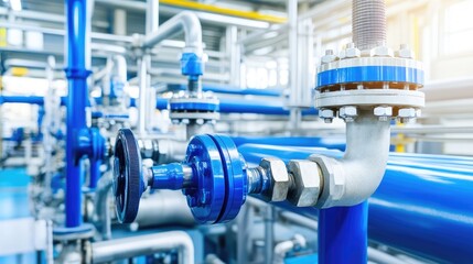 Poster - Industrial Pipeline System with Blue Valves and Fittings in Modern Factory Environment for Manufacturing and Production Efficiency