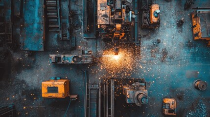 Poster - Aerial View of Industrial Workshop with Sparks Flying from Metalwork, Machinery, and Equipment Creating a Dynamic Atmosphere of Steel Fabrication and Craftsmanship