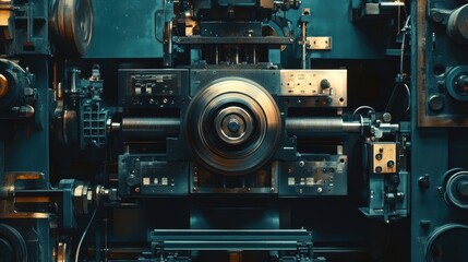 Poster - Intricate Industrial Machine with Metallic Components and Control Panels Showcasing Precision Engineering in a Dimly Lit Workshop Environment