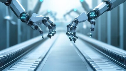 Poster - Futuristic Robotic Hands Reaching Towards Each Other Over an Industrial Background Illustrating Advanced Technology and Human-Machine Interaction