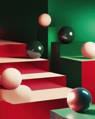 Poster - Generative AI illustration of colorful geometric shapes of smooth and shiny spheres on steps of square platforms against red and green background