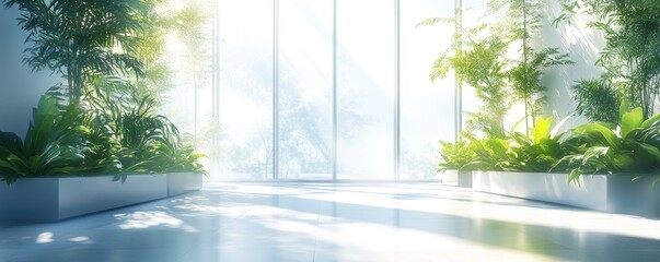 Poster - Bright and clean office environment, abstract background. bright office with green plants and large windows