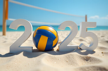 Wall Mural - Numbers 2025 with a beach volleyball ball standing on the sand on the beach