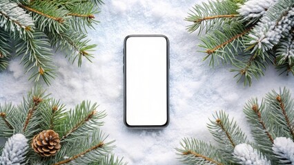 Wall Mural - Winter-themed smartphone mockup surrounded by snowy pine branches , snow, winter, smartphone, mockup, pine branches, nature