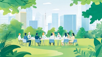 Illustration of a business meeting held outdoors in a green space, emphasizing environmental consciousness 