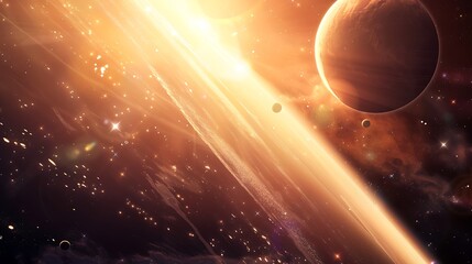 Poster - breathtaking view of planets bathed in golden light, a nebula swirling around them. cosmic rays crea