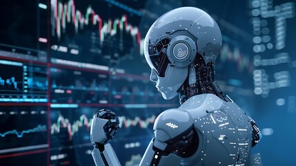 Poster - AI robot analyzes stock market data on numerous screens, showcasing futuristic technology in finance.