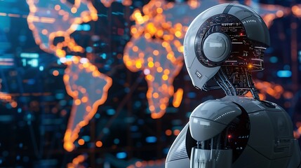 Fototapete - Futuristic robot stands against a blurred background of a glowing world map, representing global AI and technology.