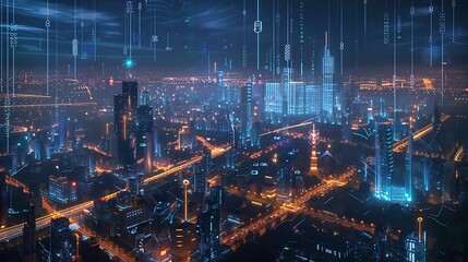 Poster - Futuristic city at night illuminated by bright lights and digital data streams. A vision of technological advancement.