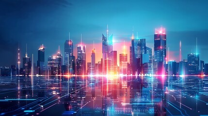 Poster - Vibrant futuristic city at night, illuminated by neon lights and digital effects.