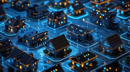 Poster - futuristic smart city with interconnected homes glowing at night. represents advanced technology and
