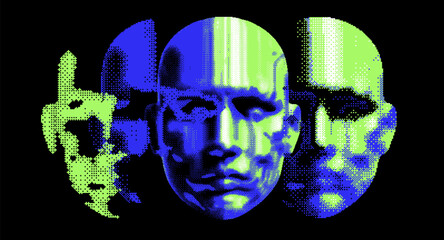 Aufkleber - Conceptual vector illustration portraying three overlapping faces in vivid blue and green tones, symbolizing the gradual breakdown of identity and information through pixelated distortion.