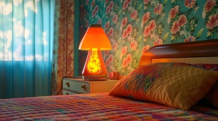 Poster - A retro bedroom with floral wallpaper, a lava lamp, and a bright quilted bedspread, evoking a nostalgic vibe of the 70s. No text, no logo, wide angle shot, cinematic scene, 4k resolution