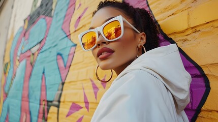 Poster - A woman in oversized, neon sunglasses, wearing a windbreaker and hoop earrings, posing confidently in front of an urban pop art mural. cinematic scene, 4k resolution
