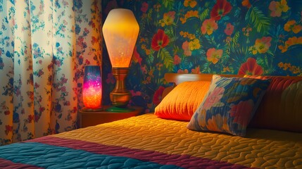 Poster - A retro bedroom with floral wallpaper, a lava lamp, and a bright quilted bedspread, evoking a nostalgic vibe of the 70s. wide angle shot, cinematic scene, 4k resolution