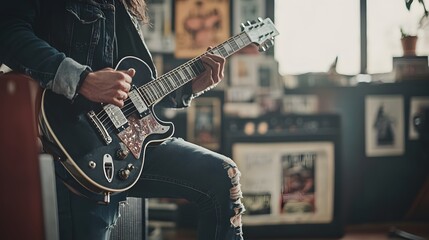 Poster - A man playing an electric guitar with a retro amplifier, surrounded by posters from the 80s, capturing the essence of rock culture. No text, no logo, wide angle shot, cinematic scene, 4k resolution