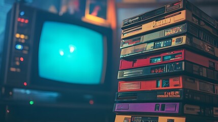 Poster - A stack of brightly colored VHS tapes, with bold labels and retro graphics, next to a vintage CRT television.wide angle shot, cinematic scene, 4k resolution
