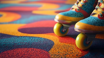 Poster - A close-up of brightly colored roller skates and a patterned carpet, reminiscent of a retro skating rink. wide angle shot, cinematic scene, 4k resolution