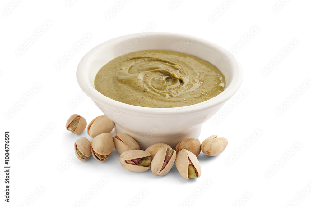 Bowl with tasty pistachio paste on white background