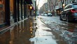 © Lexi - Close-up of flooded urban street with water halfway up storefronts highlighting impact of urban flooding
