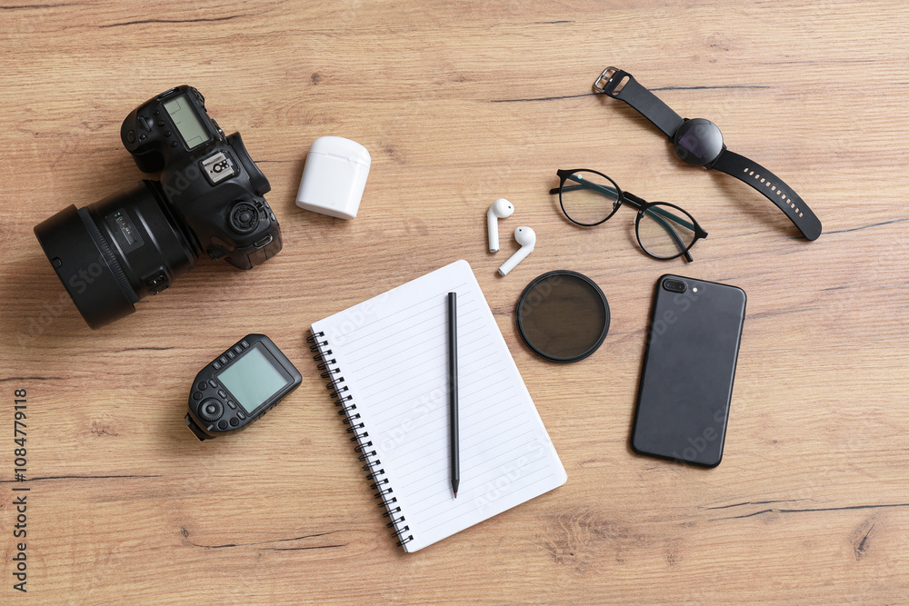 Composition with notebook, modern gadgets and photographer's equipment on wooden background