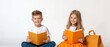 © CassiOpeiaZz - Education literacy collaboration concept. Two smiling children reading orange books, sitting on the floor against a white background, embodying joy and the love of learning.