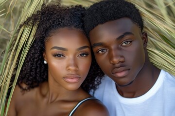 a stunning portrait of a loving couple leaning into each other, showcasing their expressions of fore